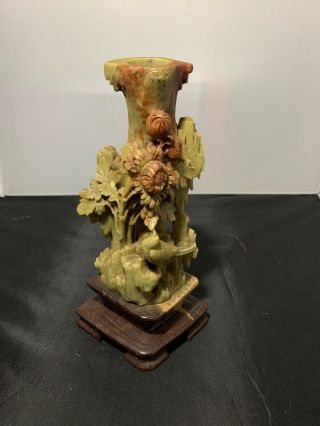 Vintage Elegant Hand Carved Chinese Green Jade Bird With Flowers On Stand