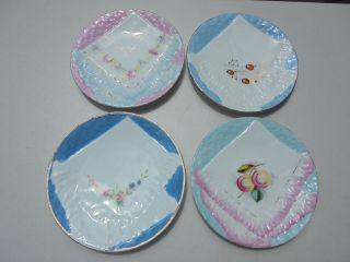 Set Of 4 Antique Victorian Porcelain Napkin Plates Basketweave Background