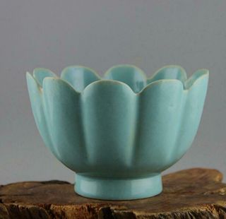 China Old Hand Made Song Ru Kiln Azure Glaze Porcelain Lotus Statue Bowl D02