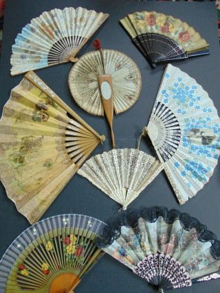 9 Vintage Japanese / Oriental / Asian Hand Fans