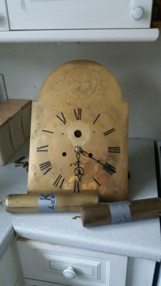Antique 18th C Longcase / Grandfather Clock Brass Dial,  Movement,  Weights
