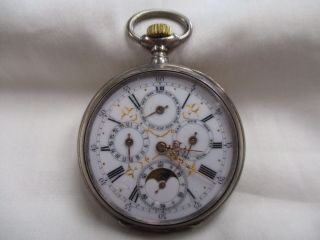 Antique French.  800 Silver Moonphase Pocket Watch - Month/day/date - Swans On Case