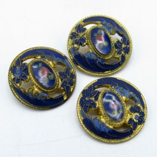 15 Antique French Enamel Blue Hand Painted Buttons W/flowers Gold Gilt Mtl,  Nr