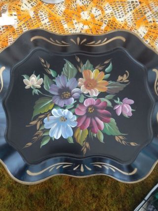 Vintage Hand Painted Roses Floral Tole Tray Nashco 17 " X 13 ".