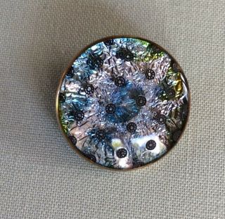 Foiled Silver & Peacock Colors Under Glass Set In Metal Button