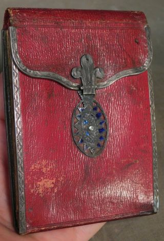 Antique Red Morocco Leather Enamel Sterling Etui Sewing Prince Of Wales Feather