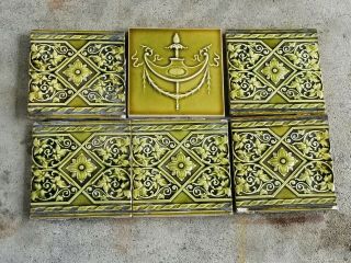 (6) Antique Green American Encaustic Tile Co.  Majolica Fireplace Surround
