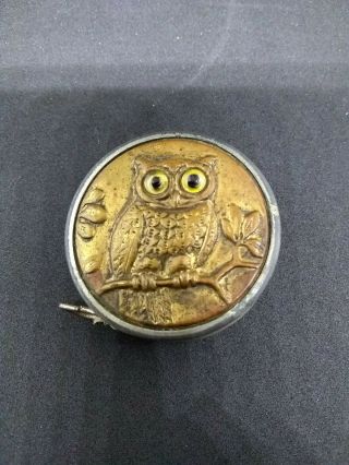 Antique Victorian Sewing Tape Measure Figural Owl Germany Button Retract