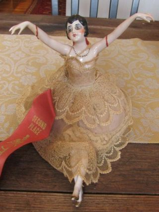 Extraordinary 1920s Germany Flapper Pincushion Half Doll Hands Raised & Porcelai