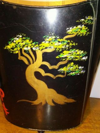 Vtg Hand Painted Asian Metal Trash Can Waste Basket LION HANDLES Antique Black 2