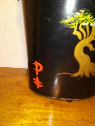 Vtg Hand Painted Asian Metal Trash Can Waste Basket LION HANDLES Antique Black 3