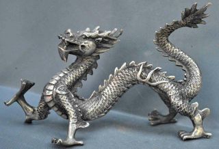 Collectable Handwork Old Miao Silver Carve Exorcism Dragon Ancient Art Statue