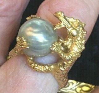 Unusual Chinese Gold Tone Dragon Holding South Sea Pearl Crafted Figural Ring