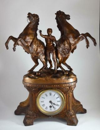 Very Large Antique 19th Century French Spelter Mantle Clock Marley Horses