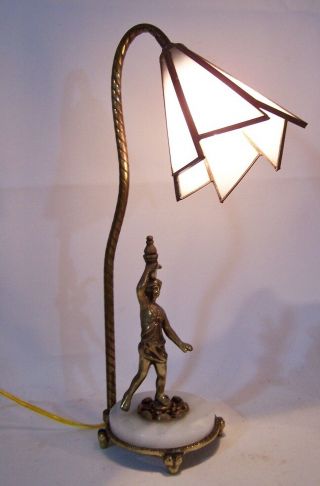 Antique Handel Art Nouveau Tulip Table Lamp Brass W/ Figure & Slag Glass Shade