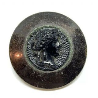 Antique Dice Button Early Button Cameo Brass And Jet Glass 27.  18mm