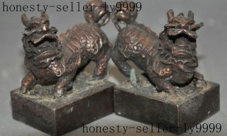 old china palace bronze foo dog lion Kylin beast statue seal stamp Signet pair 2