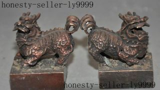 old china palace bronze foo dog lion Kylin beast statue seal stamp Signet pair 3