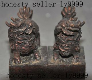 old china palace bronze foo dog lion Kylin beast statue seal stamp Signet pair 4