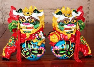 Feng Shui Pottery Porcelain Lion Statue Evil Guardian Door Fu Foo Dog AA 2