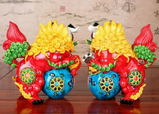 Feng Shui Pottery Porcelain Lion Statue Evil Guardian Door Fu Foo Dog AA 4
