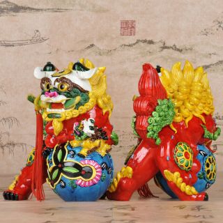 Feng Shui Pottery Porcelain Lion Statue Evil Guardian Door Fu Foo Dog AA 8