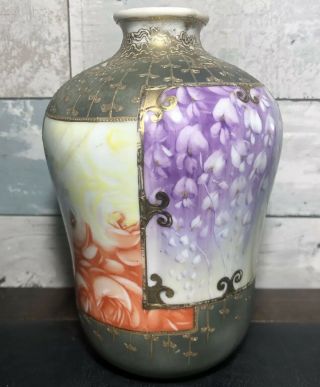 Hand Painted Japanese Nippon Roses Flowers Gold Moriage Vase