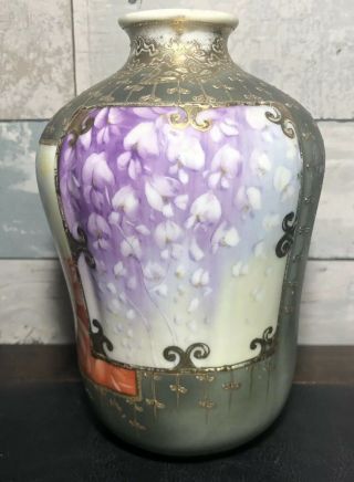 Hand Painted Japanese Nippon Roses Flowers Gold Moriage Vase 2