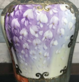 Hand Painted Japanese Nippon Roses Flowers Gold Moriage Vase 3