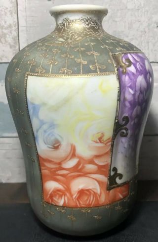 Hand Painted Japanese Nippon Roses Flowers Gold Moriage Vase 5