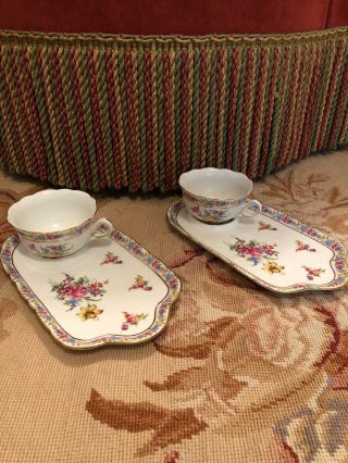 Dresden Floral Tea Cups & Luncheon Plates German Set Of 2