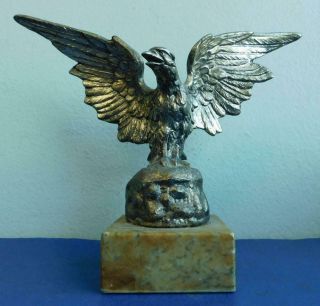 Antique Cast Metal Eagle Bird Sculpture On Marble Base 1900s Car Mascot?