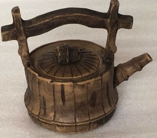A Chinese Yixing Terracotta Clay Teapot Signed 尹強生 In Old Wooden Bucket Style Af