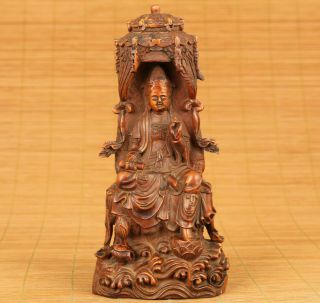 Antique Chinese Old Boxwood Buddha Statue Netsuke Figure Kwan - Yin Temple