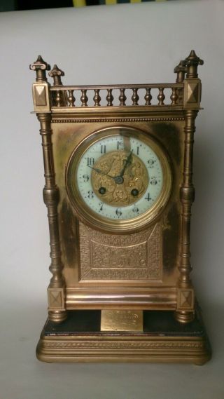 ANTIQUE BRASS GILT JAPY FRERES FRENCH MANTLE CLOCK C.  1880 3