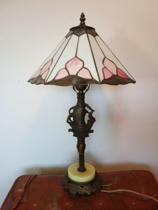 Vintage Art Deco Brass Table Lamp W Stained Glass Shade (restored)
