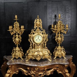 Large Antique French Gilt Bronze Clock Set By Louis Japy C1880.