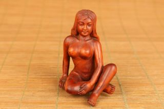Chinese Old Boxwood Hand Carved Girl Statue Netsuke Collectable Ornament