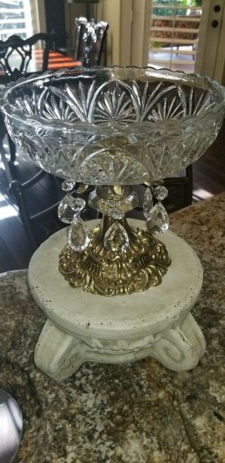 Vintage Cut Glass Compote Bowl 6 Crystal Prisms Brass Base