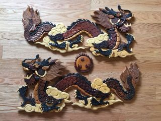 3 - Piece Multi - Colored Layered Wooden Dragon Hanging Wall Decor Thailand