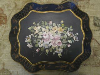 Vintage Toleware Metal Tray Hand Painted Tole Black Floral Rose Shabby Chic