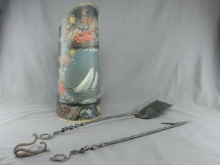 Vintage Painted Ash Can Bucket Cast Iron Fireplace Tools Poker Shovel Handmade