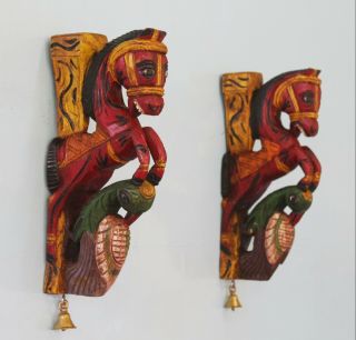 12 Inh/30cm Wooden Painted Wall Bracket Temple Corbel Pair Horse & Peacock Head