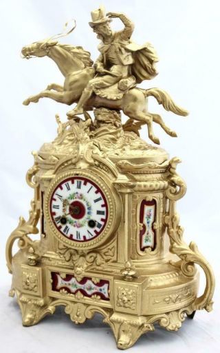Antique Mantle Clock French 1880 ' s Stunning Gilt & Red Sevres Figural Striking 2