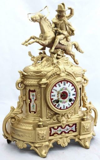 Antique Mantle Clock French 1880 ' s Stunning Gilt & Red Sevres Figural Striking 3