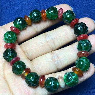 Rare Collectible Chinese Green Jadeite Jade Carved Lotus Beads Handwork Bracelet