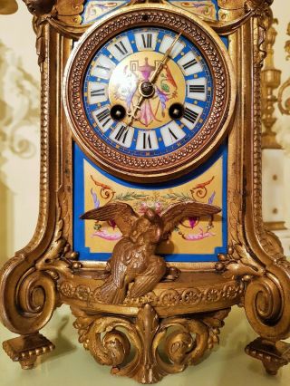 Large Antique French Gilt & Porcelain Panels Mantel Clock.