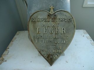 Rare Antique,  Circa 1922 " French,  Cross Top Heart,  Memorial Plaque " Cast Metal