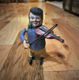 " Antique Schuco Tin Felt Covered Toy Clown Playing Violin.  Germany 1930 