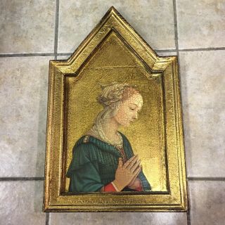 Vintage Italian Florentine Gold Gilt Wood Religious Icon Plaque Madonna Mary